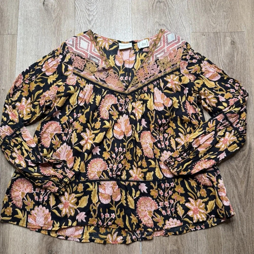 Rachel Zoe Women's M Floral Peasant Blouse Embroidered Cotton Smocked Boho